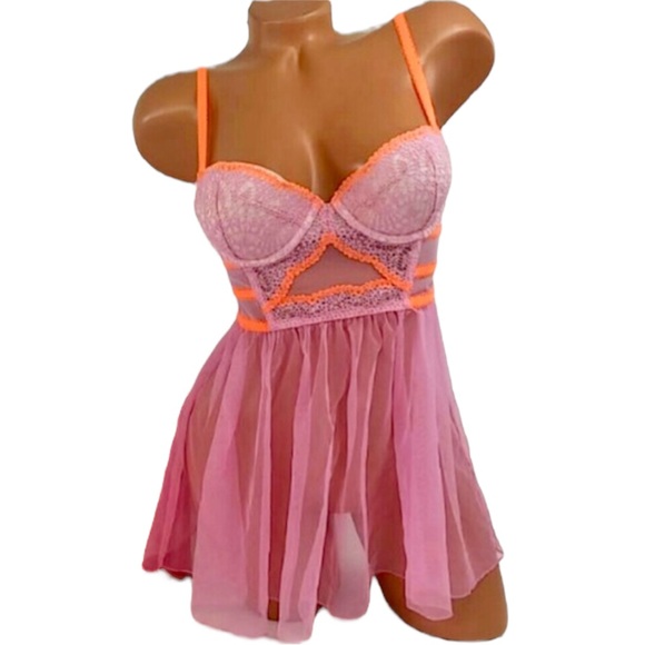 Victoria’s Secret Pink & Orange Lace Babydoll Push-Up Bustier Lingerie Teddy - Picture 9 of 16